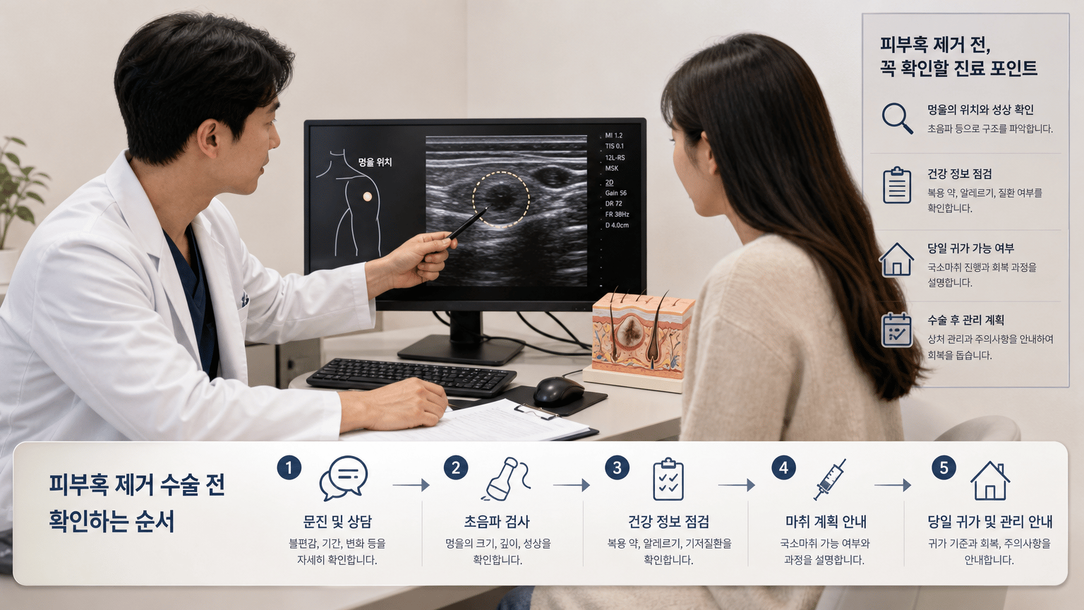 피부혹 제거 수술 전, 국소마취와 당일 귀가를 확인하는 순서
